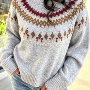 Gray Geometric Detail Round Neck Winter Sweater