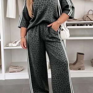 Gray Leopard Print Bracelet Sleeve Top Plus Size Loose Pants Set