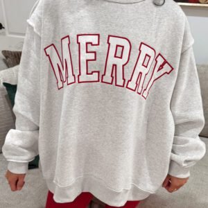 Gray MERRY Embroidered Letter High Neck Tunic Pullover Sweatshirt