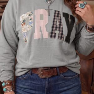 Gray PRAY Letter Patchwork Round Neck Long Sleeve Plus Size Sweatshirt