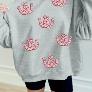 Gray Sequined Horseshoe Graphic Mock Neck Baggy Sweatshirt