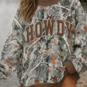 Gray Western Camo Letter Print Baggy Pullover Sweatshirt