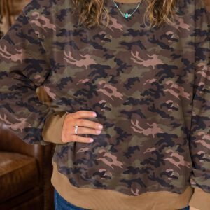 Green Camouflage Print High Neck Long Sleeve Oversized Shift Silhouette Tunic Length Plus Size Sweatshirt