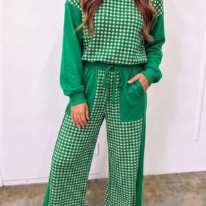 Green Color Block Plaid Patchwork Long Sleeve Pullover Wide Leg Pant Set