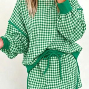 Green Gingham Oversized Ribbed Trim Crew Neck Long Sleeve Top and Skort Set