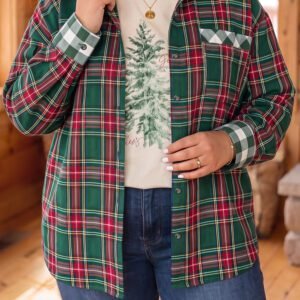 Green Plaid Long Sleeve Shift Plus Size Shirt