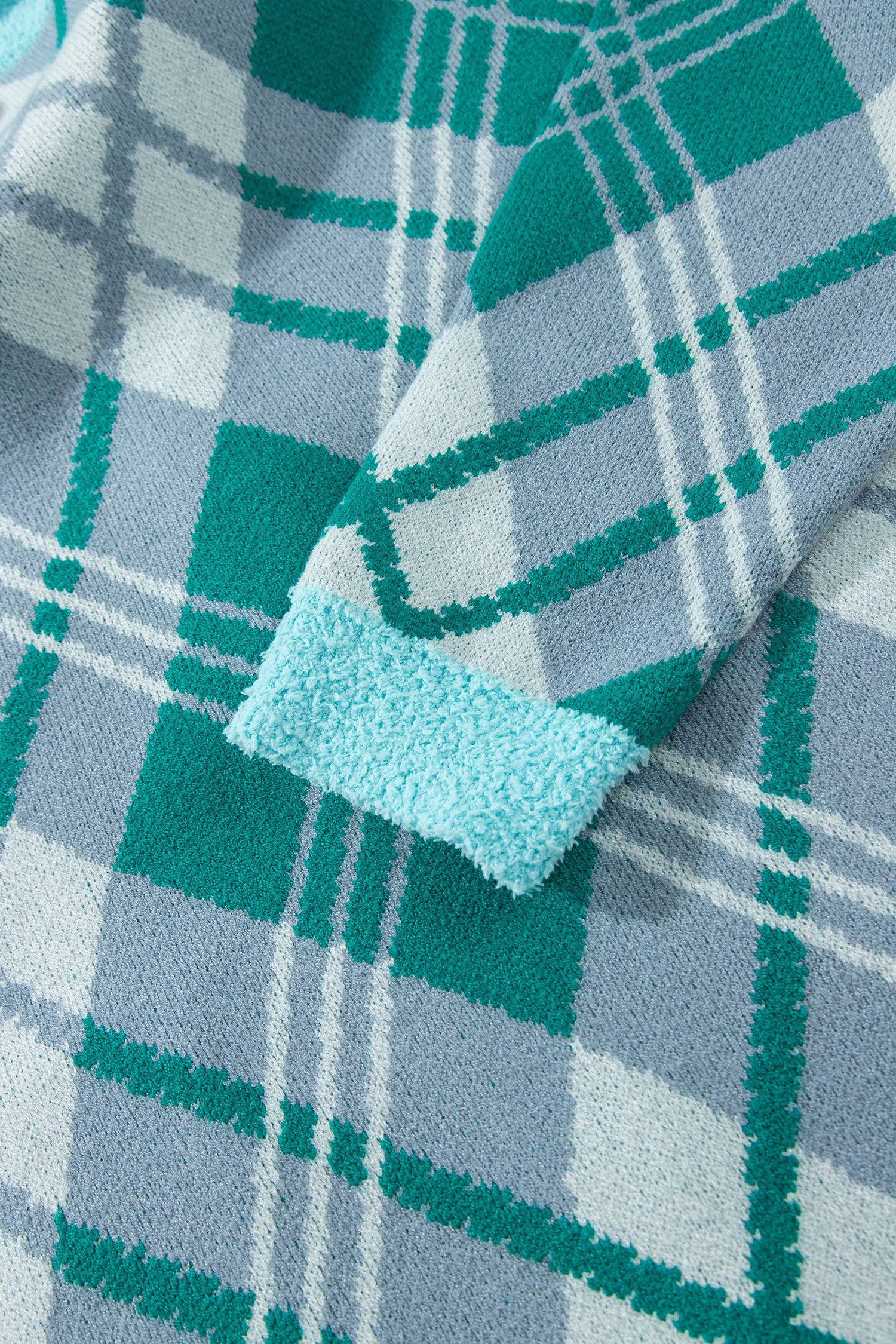Green Plaid V Neck Long Sleeve Shift Cardigan Sweater