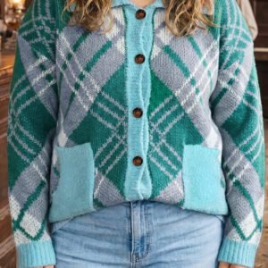 Green Plaid V Neck Long Sleeve Shift Cardigan Sweater