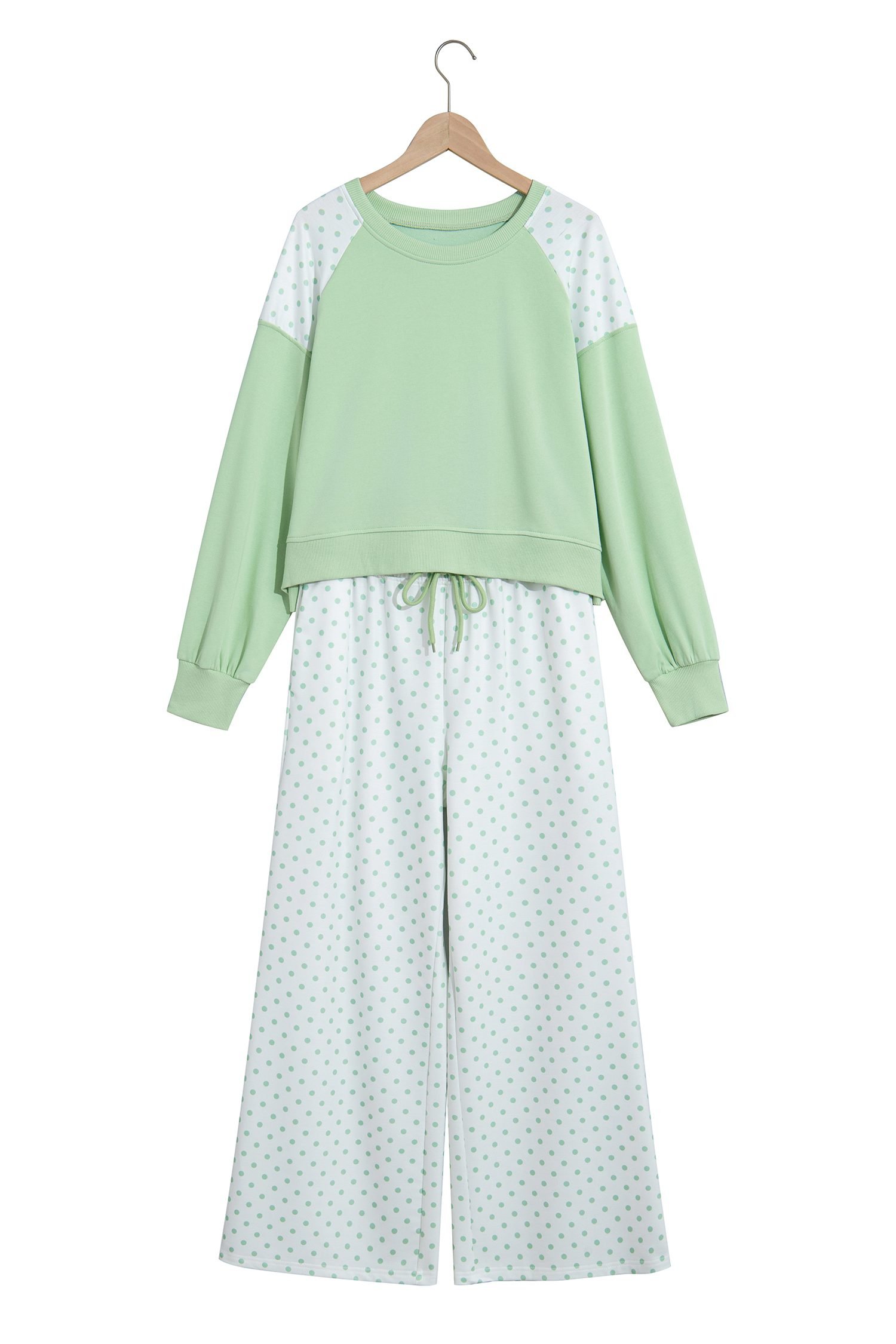 Green Polka Dot Patchwork Colorblock Long Sleeve Casual Two Piece Pants Set