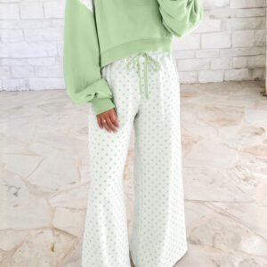 Green Polka Dot Patchwork Colorblock Long Sleeve Casual Two Piece Pants Set