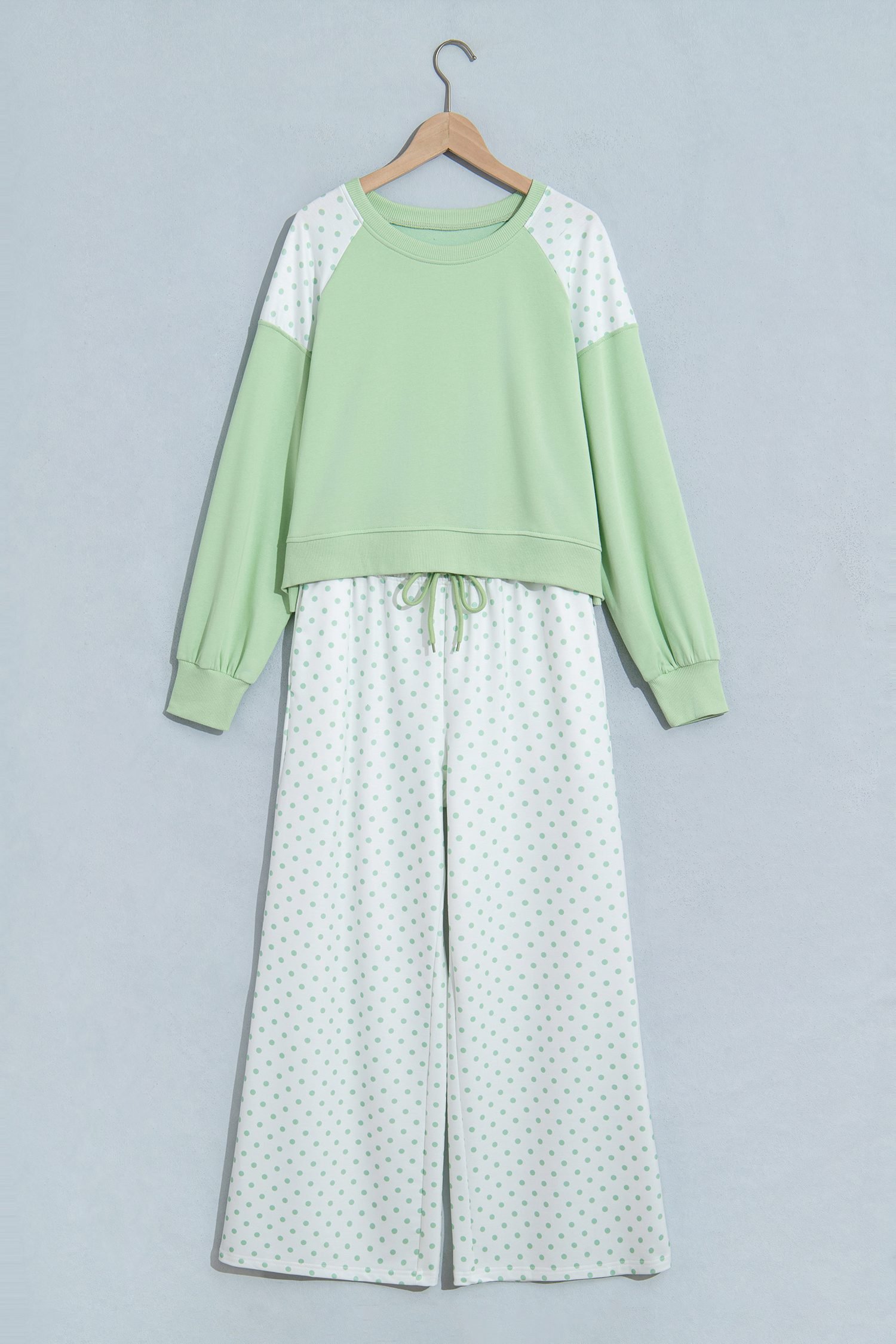 Green Polka Dot Patchwork Colorblock Long Sleeve Casual Two Piece Pants Set