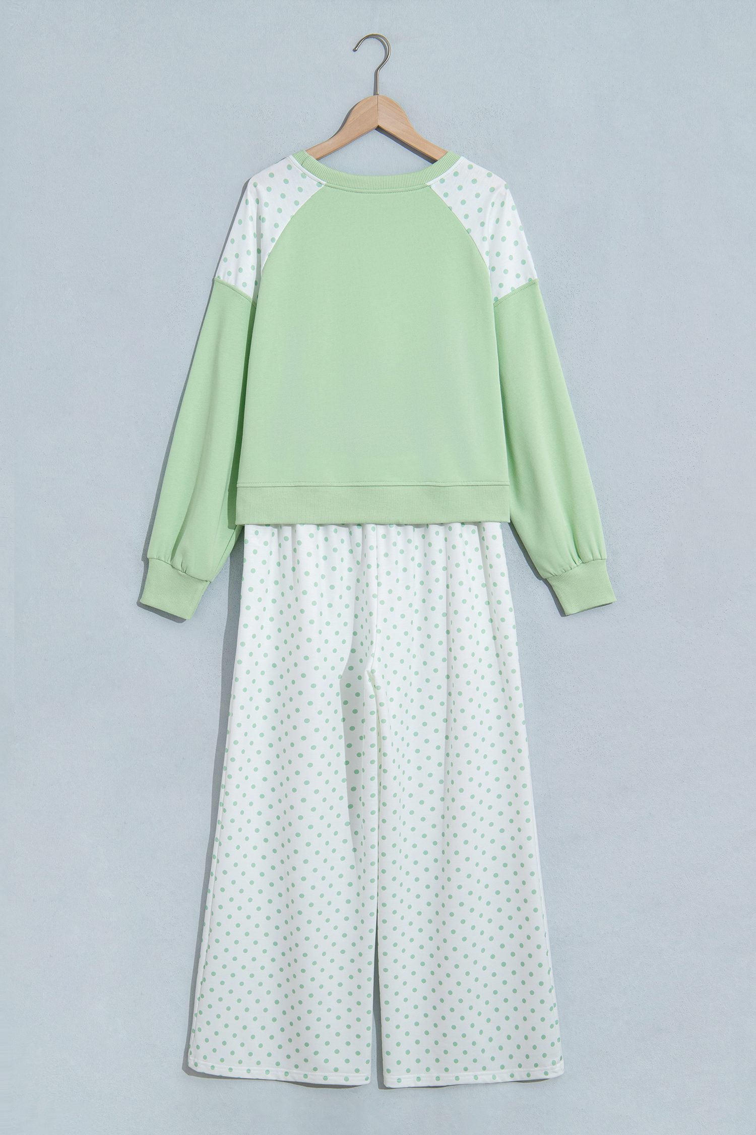 Green Polka Dot Patchwork Colorblock Long Sleeve Casual Two Piece Pants Set