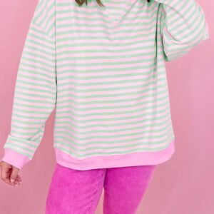 Green Stripe Striped Stand Neck Long Sleeve Sweatshirt
