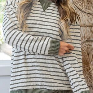 Green Stripe Twisted Ribbed Patchwork Textured Long Sleeve Top