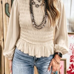 Jet Stream Solid Color Smocked Ruffle Hem Long Sleeve Blouse