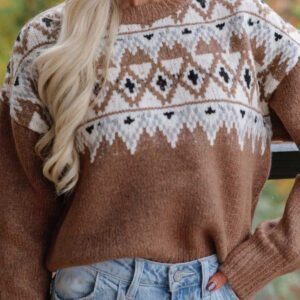 Khaki Geometric Print Drop Shoulder Casual Pullover Sweater