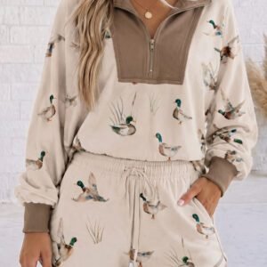 Khaki Mallard Print Color Block Patchwork Zip Pullover and Shorts Set