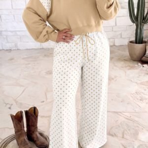 Khaki Plus Size Color Block Contrast Polka Dot Long Sleeve Top Drawstring Pants Set