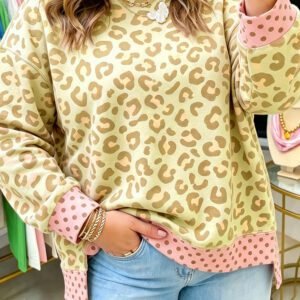 Khaki Plus Size Leopard Print Contrast Polka Dot Trim Long Sleeve Top