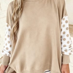 Khaki Polka Dot Patchwork Sleeve Crew Neck Loose Pullover Sweatshirt