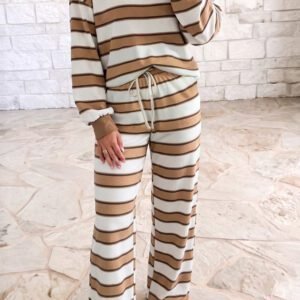 Khaki Stripe Contrast Trim Patchwork Casual Two-Piece Pants Set