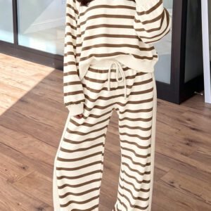 Khaki Stripe Relaxed Long Sleeve Top Color Block Detail Drawstring Pant Set