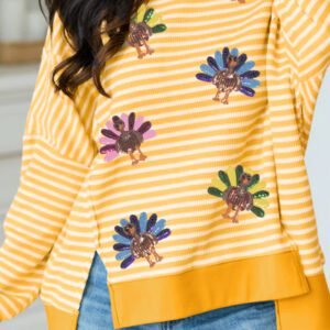 Khaki Stripe Sequin Turkey Graphic Split Hem Casual Long Sleeve Top