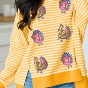 Khaki Stripe Sequin Turkey Graphic Split Hem Long Sleeve Relaxed Top