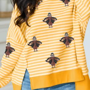 Khaki Stripe Thanksgiving Sequin Turkey Uneven Hem Pullover Top with Slits