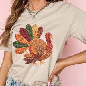 Khaki Thanksgiving Turkey Graphic Casual T Shirt
