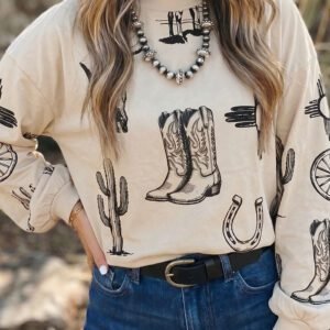 Khaki Western Print Long Sleeve Round Neck Loose Top