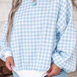 Light Blue Casual Plus Size Plaid Sweatshirt