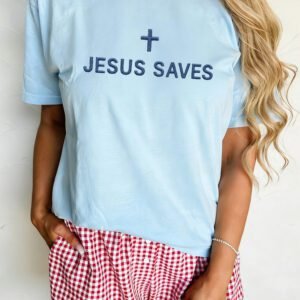 Light Blue Embroidered JESUS SAVES Slogan T Shirt
