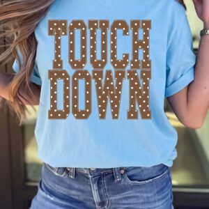 Light Blue TOUCHDOWN Polka Dot Letter Print Casual Crew Neck T Shirt