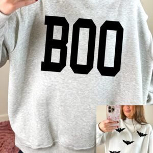 Light Grey BOO/ Halloween Bat Printed Reversible Mock Neck Pullover Sweatshirt