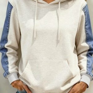 Light Grey Colorblock Denim Sleeve Tunic Pullover Hoodie
