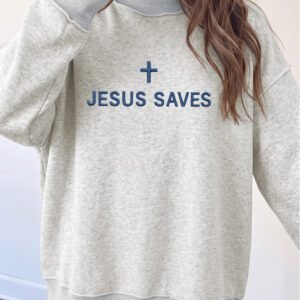 Light Grey JESUS SAVES Embroidered Graphic Exposed Seam Mock Neck Baggy Sweatshirt