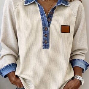 Light Grey Ribbed Denim Colorblock Detail Button Collar Long Sleeve Top
