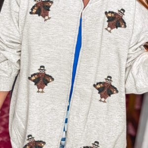 Light Grey Sequin Turkey Graphic Casual Pocketed Open Front Sweatshirt