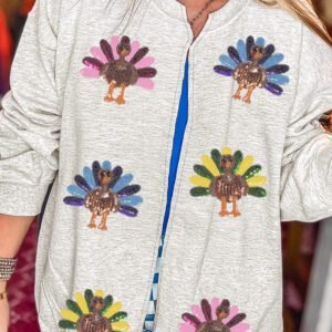 Light Grey Sequin Turkey Graphic Relaxed Open Front Sweatshirt