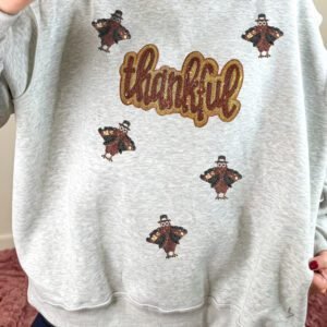 Light Grey thanksful Sequin Turkey Graphic Mock Neck Pullover Sweatshirt