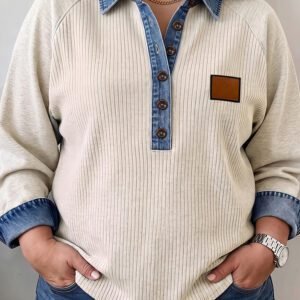 Light Grey V-Neck Long Sleeve Tunic Top with Denim Collar Cuffs Ribbed Texture Plus Size Blouse