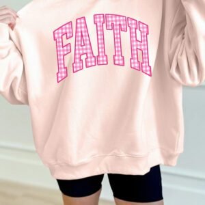 Light Pink FAITH Plaid Letter Graphic Mock Neck Pullover Sweatshirt