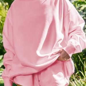 Light Pink High Neck Exposed Seam Drop Shoulder Baggy Pullover Short Set