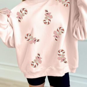 Light Pink Sequin Candy Cane Ribbed Mock Neck Christmas Sweatshirt