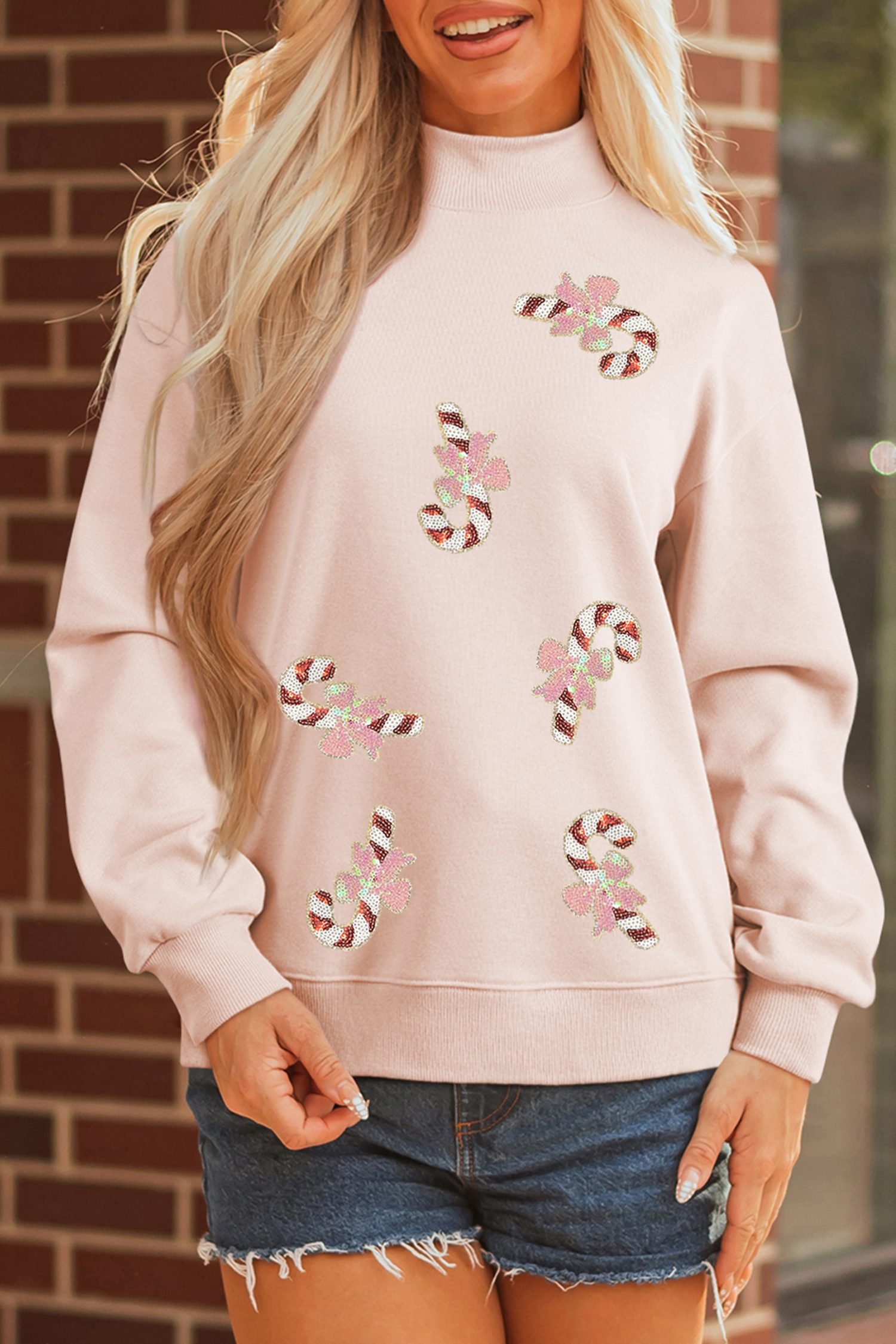 Light Pink Sequin Candy Cane Ribbed Mock Neck Christmas Sweatshirt