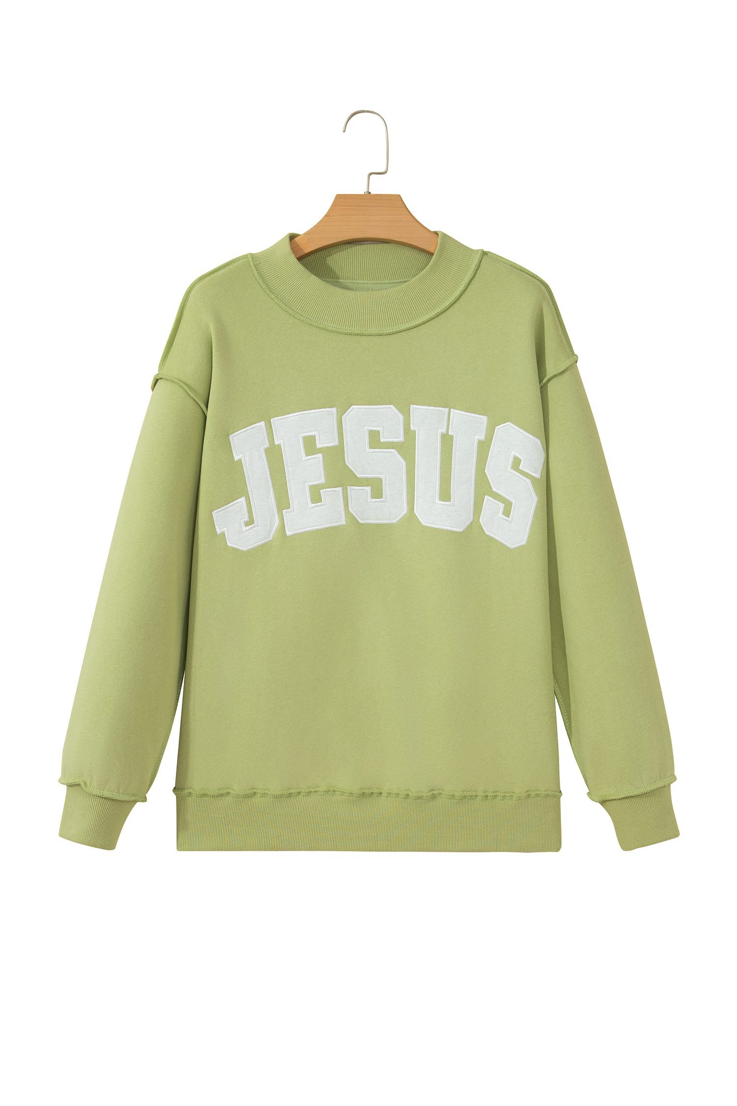 Meadow Mist Green JESUS Letter Patch Graphic Exposed Seam Mock Neck Baggy Sweatshirt