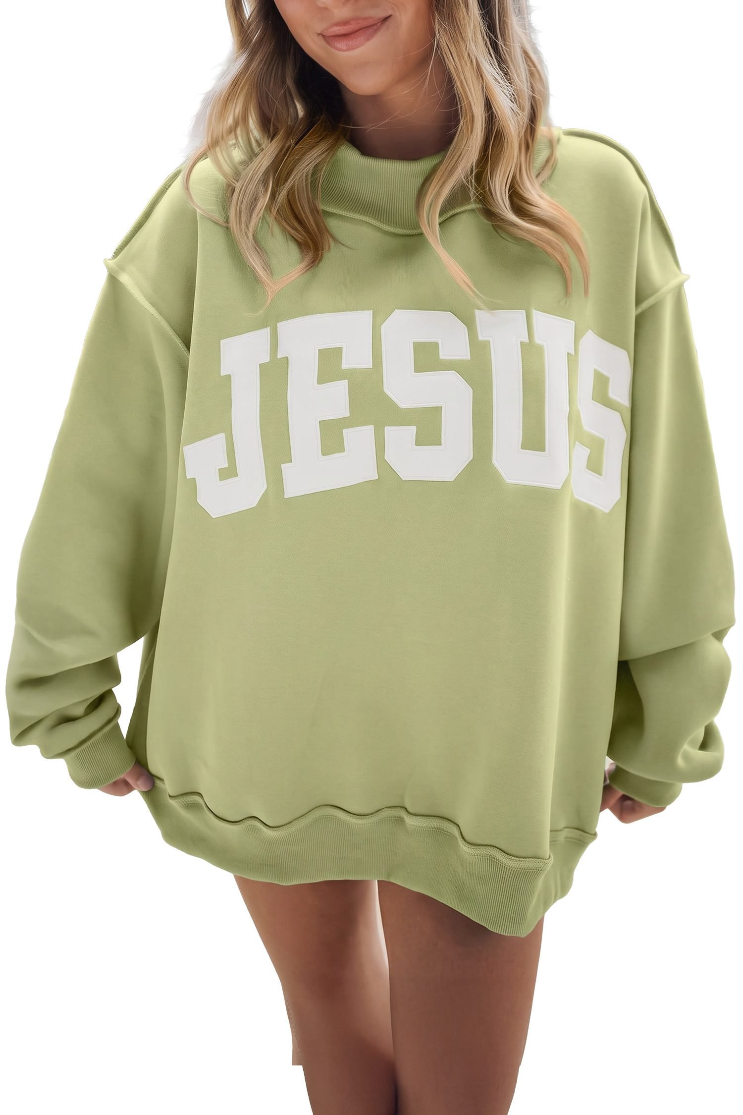 Meadow Mist Green JESUS Letter Patch Graphic Exposed Seam Mock Neck Baggy Sweatshirt