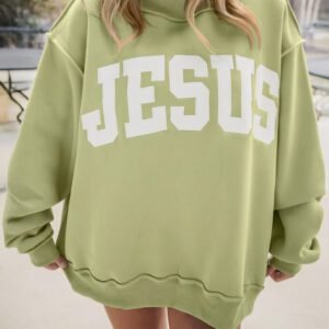Meadow Mist Green JESUS Letter Patch Graphic Exposed Seam Mock Neck Baggy Sweatshirt