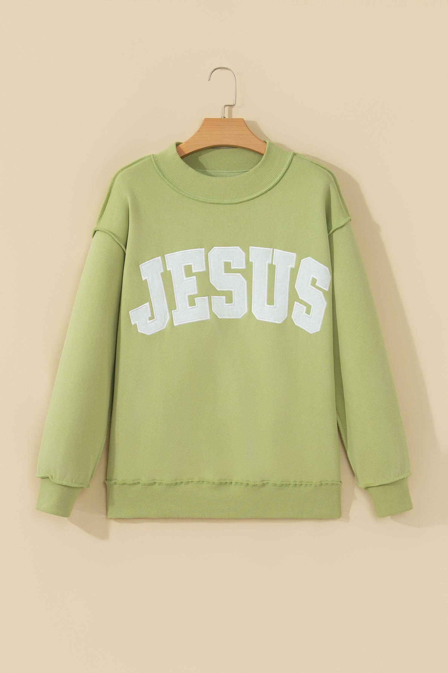 Meadow Mist Green JESUS Letter Patch Graphic Exposed Seam Mock Neck Baggy Sweatshirt